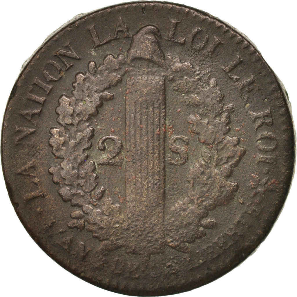 Moneta, Francia, 2 sols français, 2 Sols, 1793, Strasbourg, MB, Bronzo, KM:612
