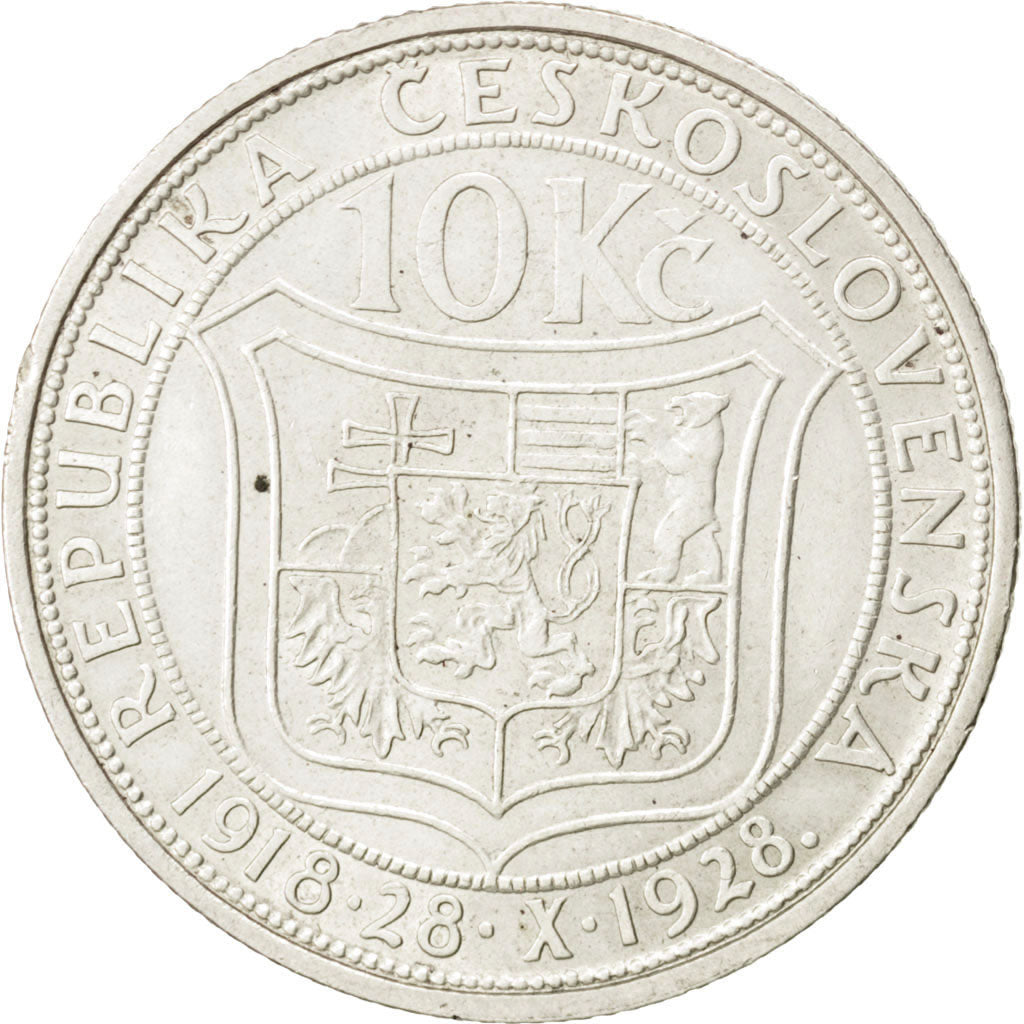 CZECHOSLOVAKIA, 10 Korun, 1928, KM #12, AU(50-53), Silver, 30, 9.91