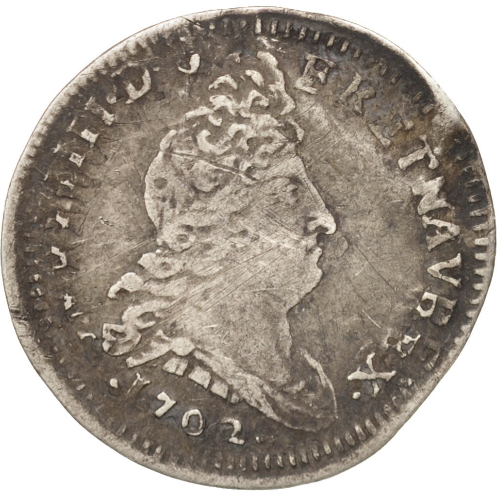 France, Louis XIV, 5 Sols aux insignes, 5 Sols, 1/16 ECU, 1702, Caen, VF(20-25)