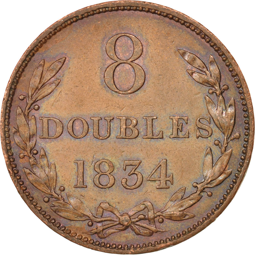 Guernsey, 8 Doubles, 1834, Heaton, AU(50-53), Copper, KM:3
