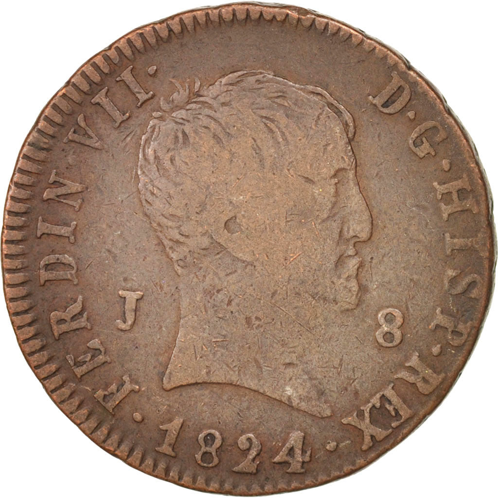 Spagna, Ferdinand VII, 8 Maravedis, 1824, Jubia, BB, Rame, KM:502.1