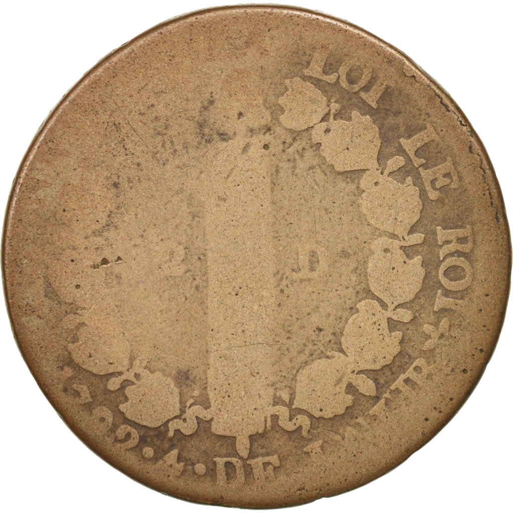 Francia, 12 deniers françois, 12 Deniers, 1792, Strasbourg, M+, Bronzo, KM:6...