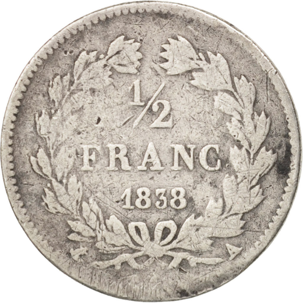 Coin, France, Louis-Philippe, 1/2 Franc, 1838, Paris, F(12-15), Silver