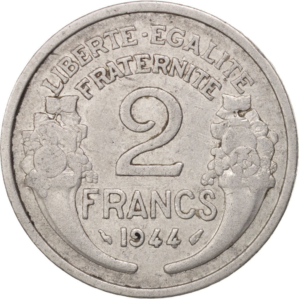 Moneda, Francia, Morlon, 2 Francs, 1944, BC+, Aluminio, KM:886a.1, Gadoury:538a