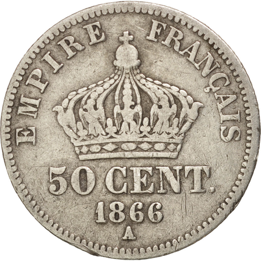 France, Napoleon III, Napoléon III, 50 Centimes, 1866, Paris, VF(20-25), Silver