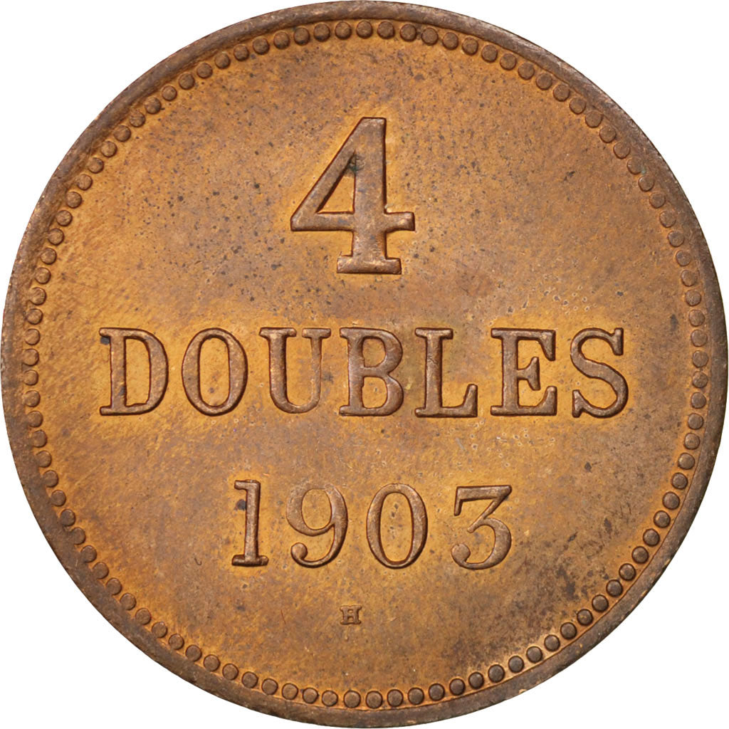 Guernsey, 4 Doubles, 1903, Heaton, Birmingham, AU(50-53), Bronze, KM:5