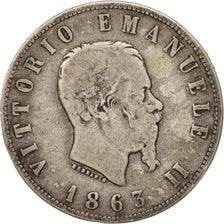 Moneta, Italia, Vittorio Emanuele II, 2 Lire, 1863, Torino, MB, Argento, KM:16.2
