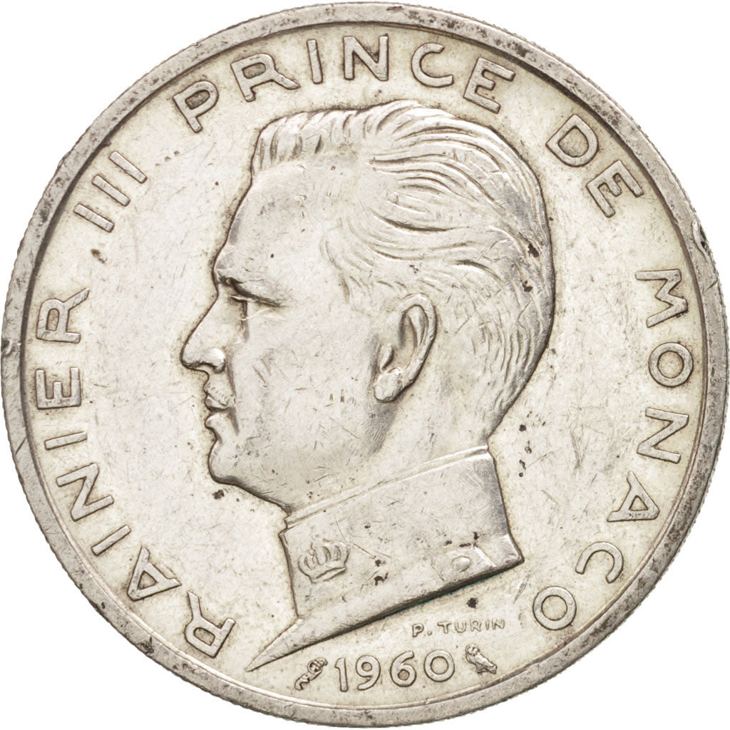 Monaco, Rainier III, 5 Francs, 1960, AU(50-53), Silver, KM:141