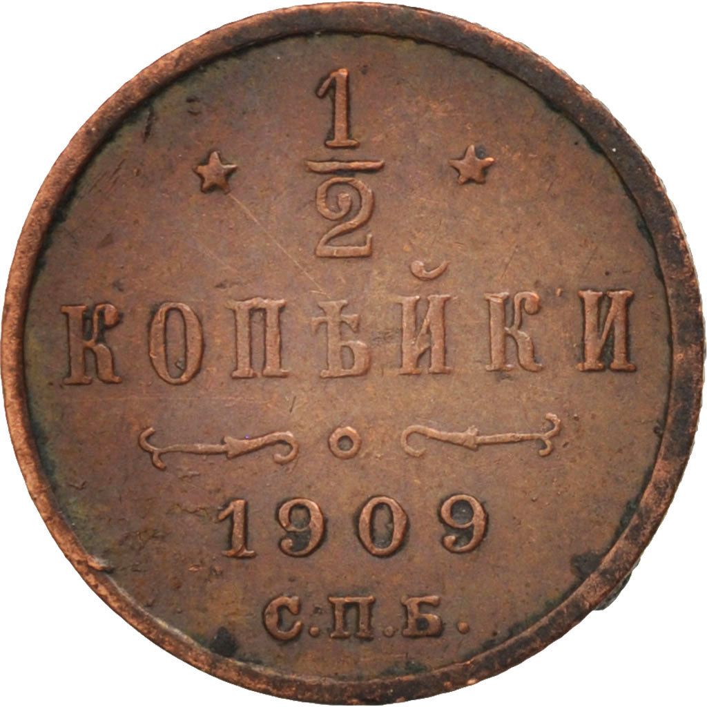 Moneta, Russia, Nicholas II, 1/2 Kopek, 1909, St. Petersburg, AU(50-53), Miedź
