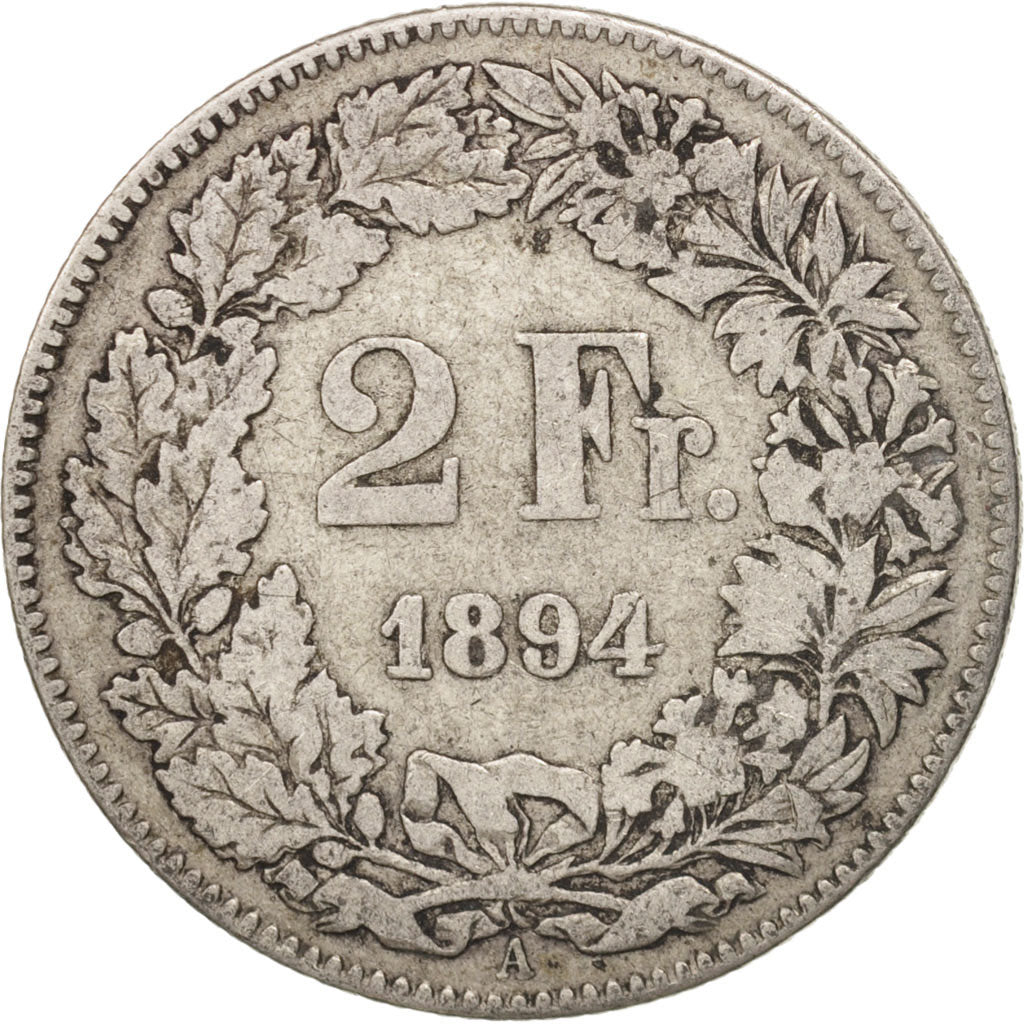 Switzerland, 2 Francs, 1894, Bern, VF(20-25), Silver, KM:21