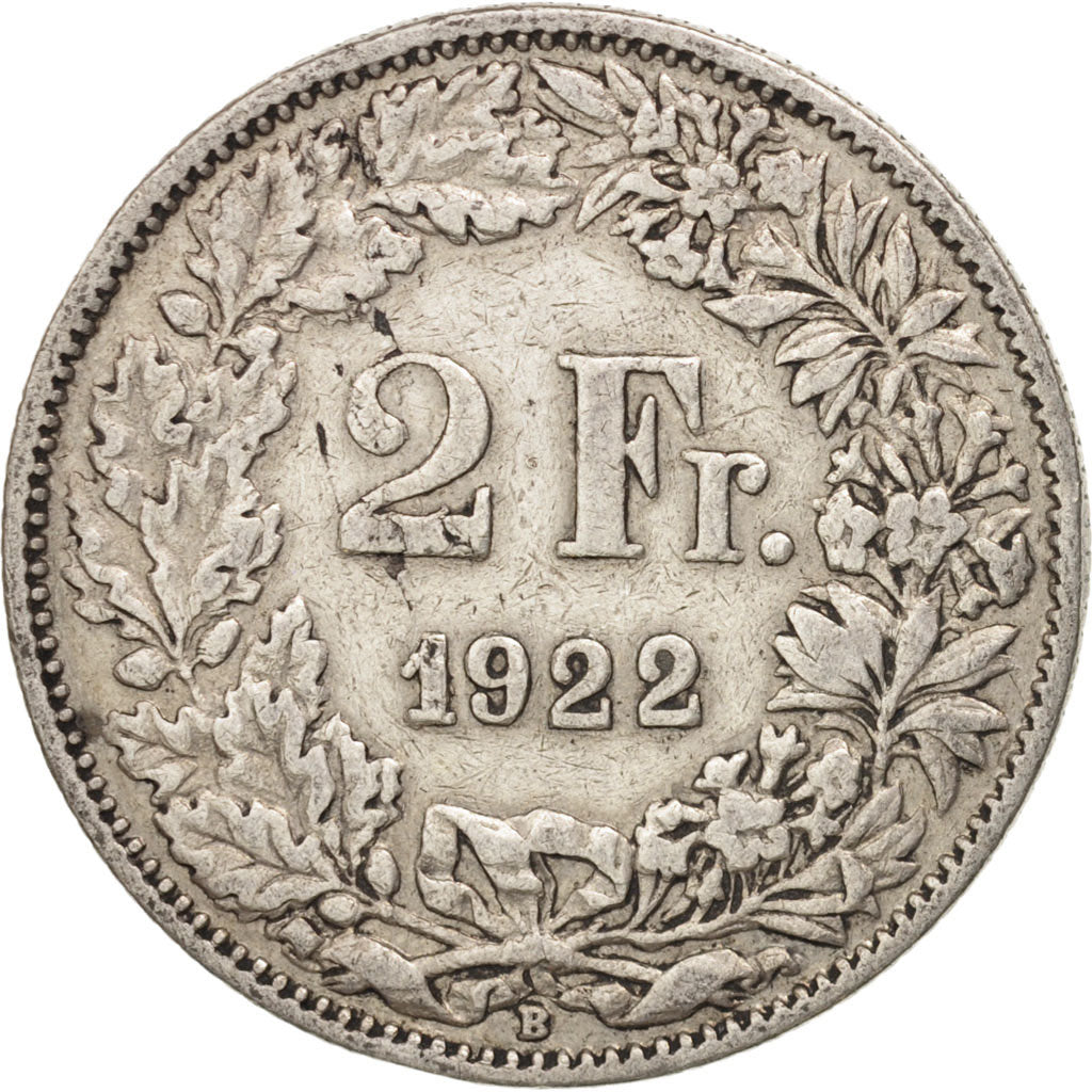 Switzerland, 2 Francs, 1922, Bern, VF(20-25), Silver, KM:21