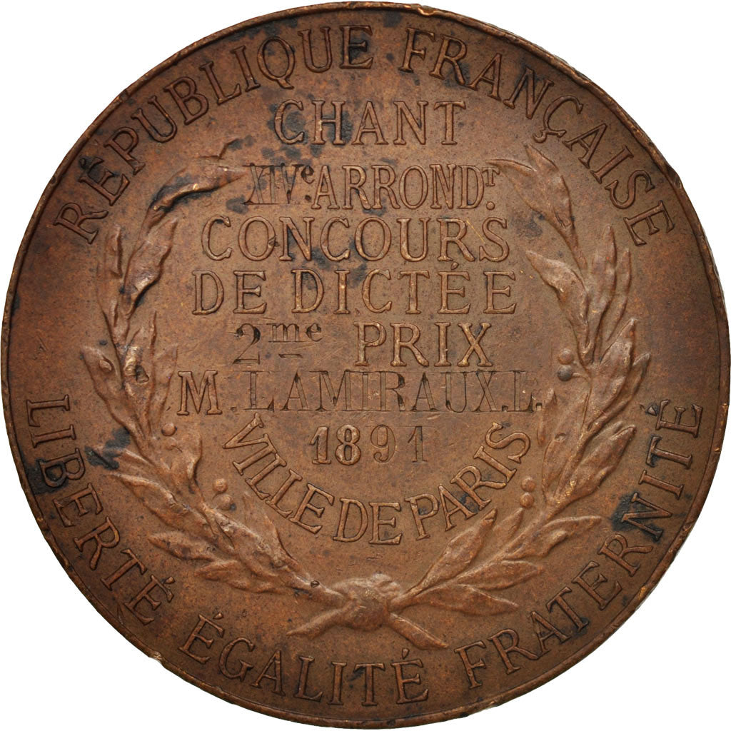 Francia, Medal, Ville de Paris, Concours de dictée, Arts & Culture, 1891