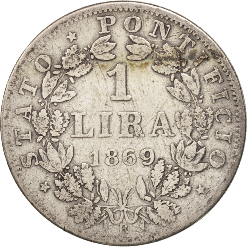 ITALIAN STATES, PAPAL STATES, Pius IX, Lira, 1869, Rome, VF(20-25), Silver