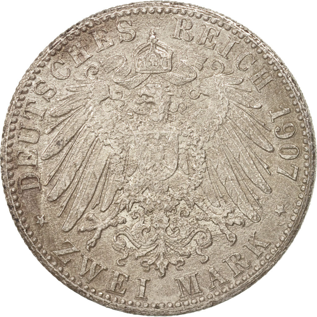 German States, BADEN, Friedrich I, 2 Mark, 1907, Stuttgart, F(12-15), Silver