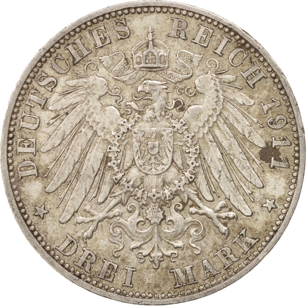 Coin, German States, BAVARIA, Otto, 3 Mark, 1911, Munich, AU(50-53), Silver