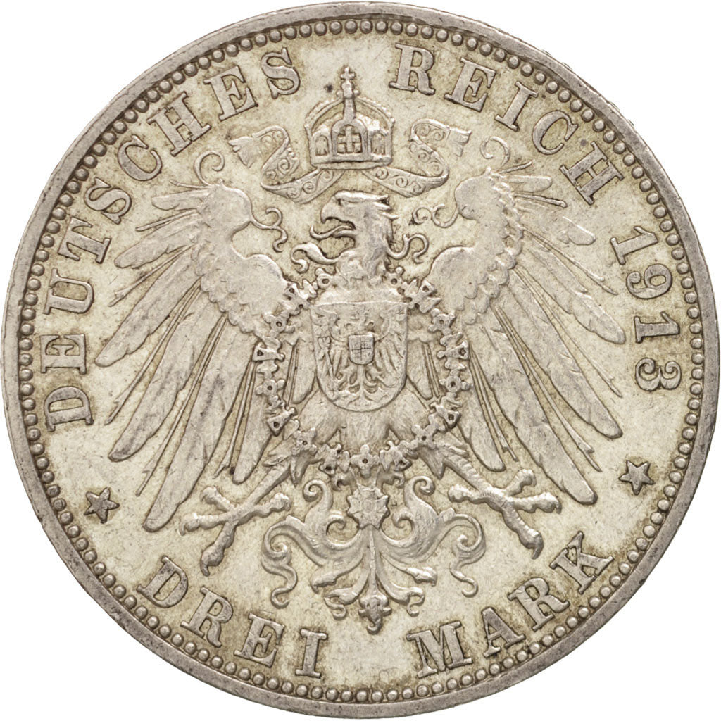 Coin, German States, BAVARIA, Otto, 3 Mark, 1913, Munich, AU(55-58), Silver