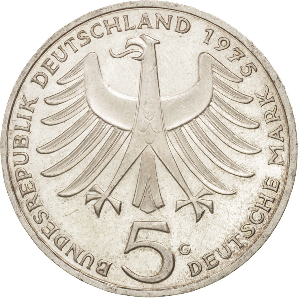 GERMANY - FEDERAL REPUBLIC, 5 Mark, 1975, Karlsruhe, Germany, MS(60-62), Silver