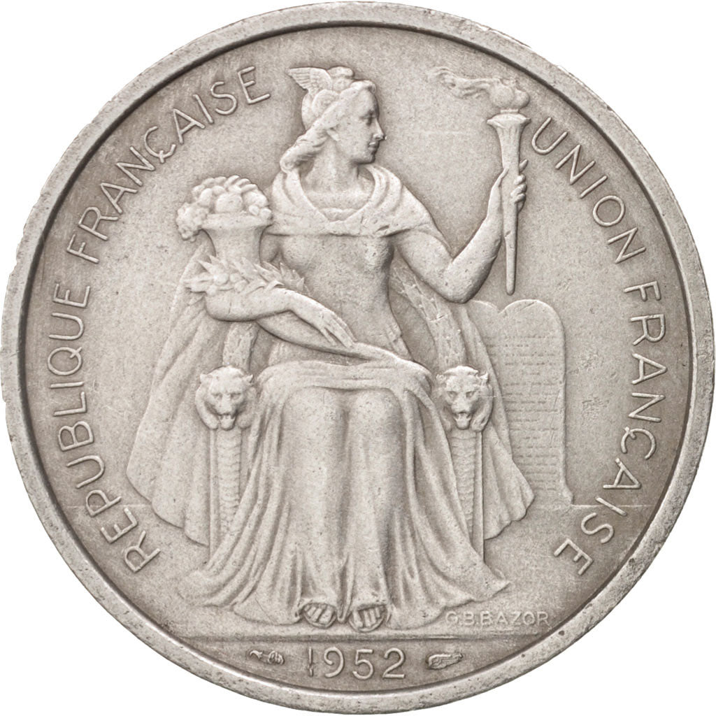 New Caledonia, 5 Francs, 1952, Paris, AU(50-53), Aluminum, KM:4, Lecompte:71