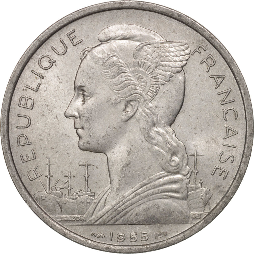 Réunion, 5 Francs, 1955, Paris, AU(55-58), Aluminum, KM:9