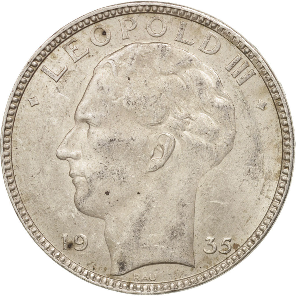 Belgium, 20 Francs, 20 Frank, 1935, AU(55-58), Silver, KM:105