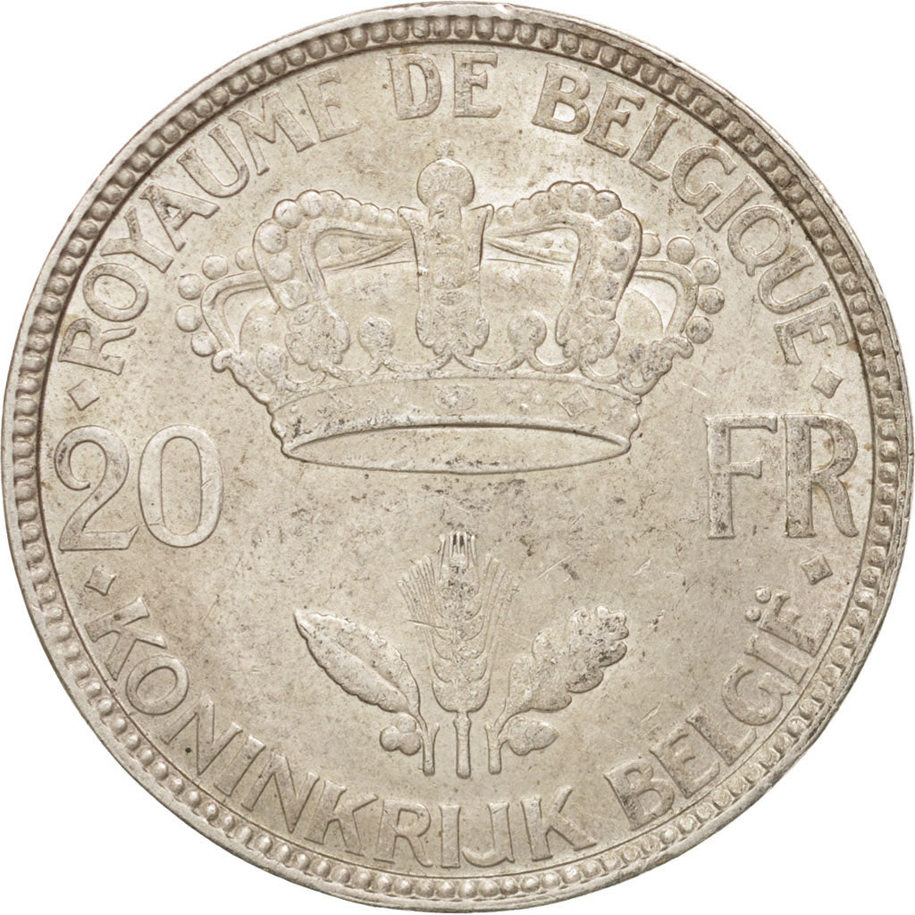 Belgium, 20 Francs, 20 Frank, 1935, AU(55-58), Silver, KM:105