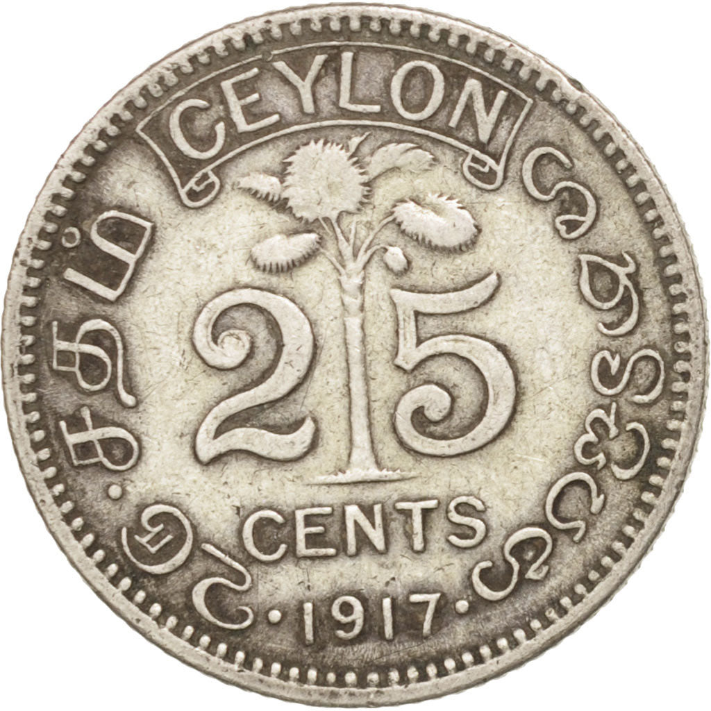Ceylon, George V, 25 Cents, 1917, EF(40-45), Silver, KM:105