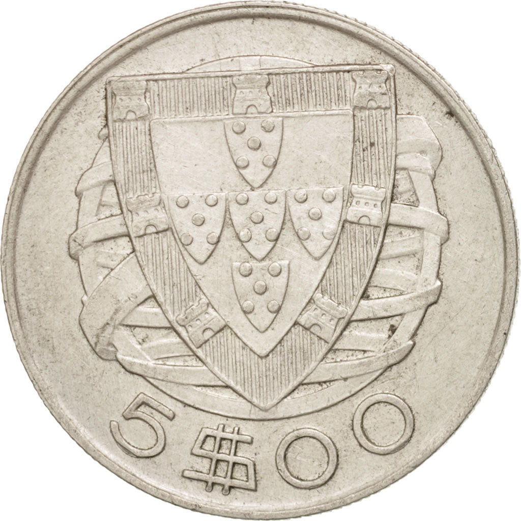 Portugal, 5 Escudos, 1947, Lisbon, AU(55-58), Silver, KM:581