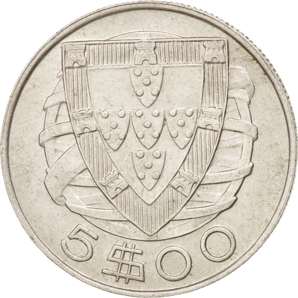 Portugal, 5 Escudos, 1948, Lisbon, AU(50-53), Silver, KM:581