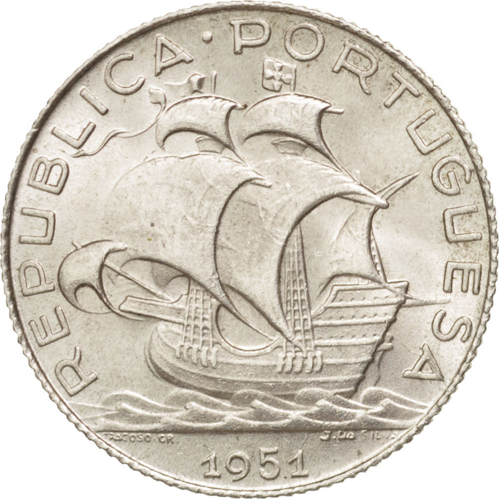 Portugal, 2-1/2 Escudos, 1951, Lisbon, AU(55-58), Silver, KM:580
