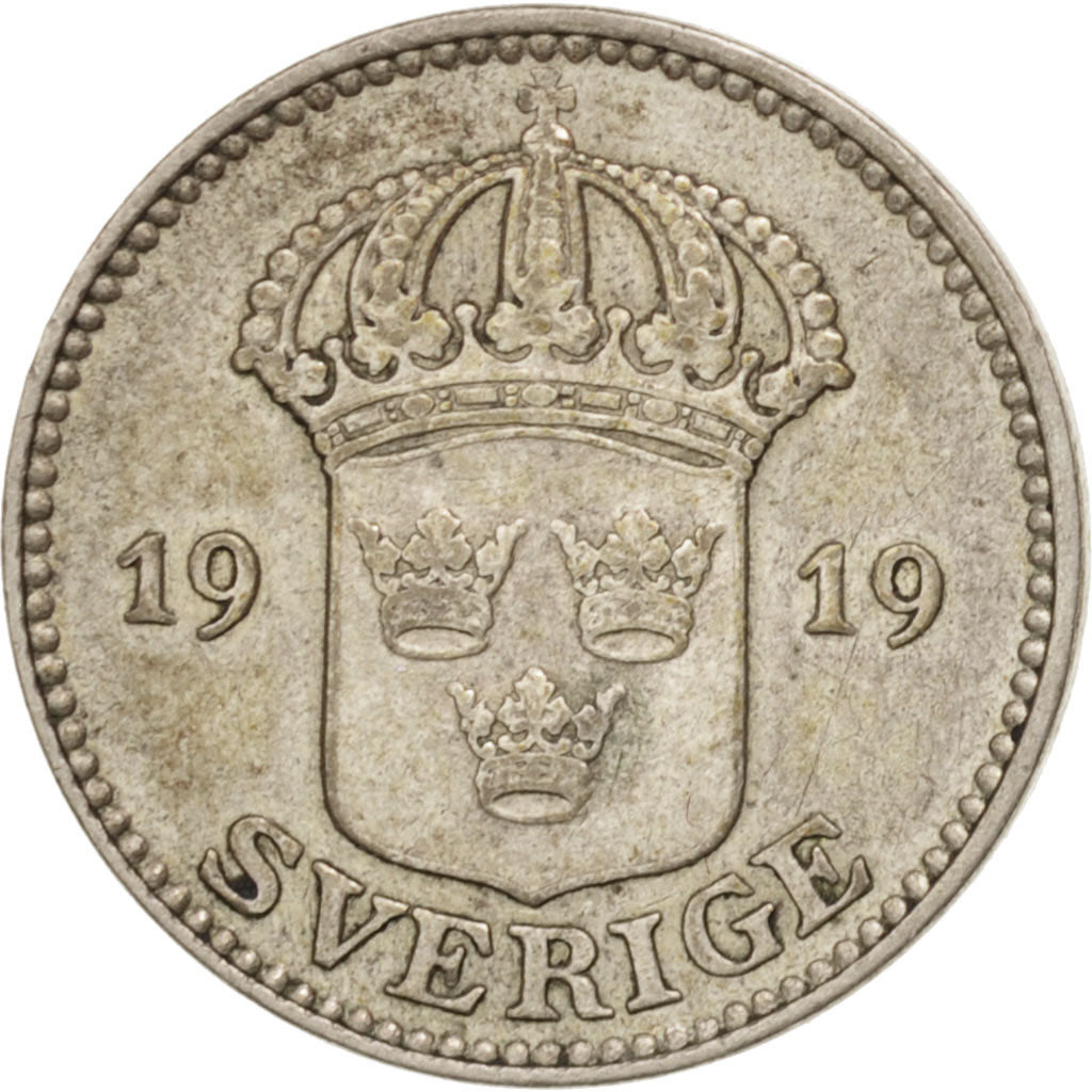 Svezia, Gustaf V, 25 Öre, 1919, Stockholm, BB+, Argento, KM:785