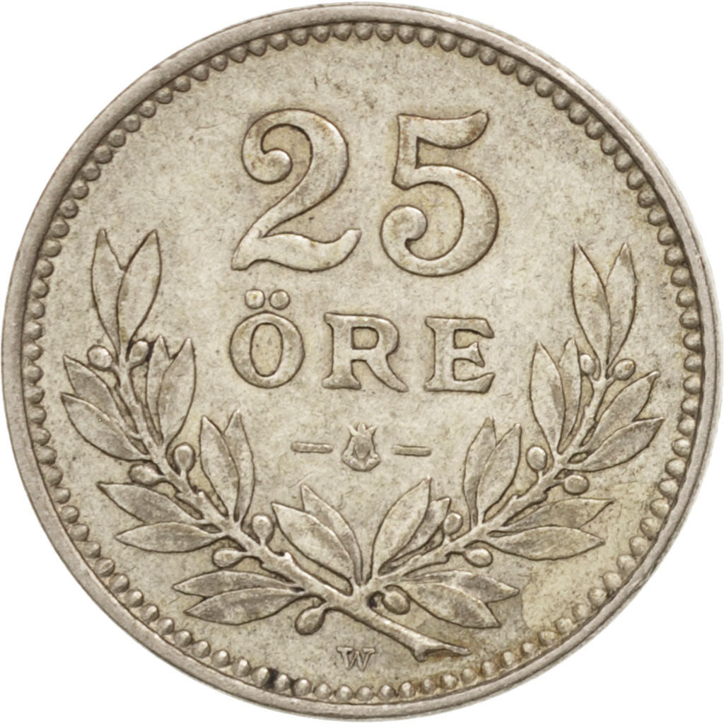 Svezia, Gustaf V, 25 Öre, 1919, Stockholm, BB+, Argento, KM:785