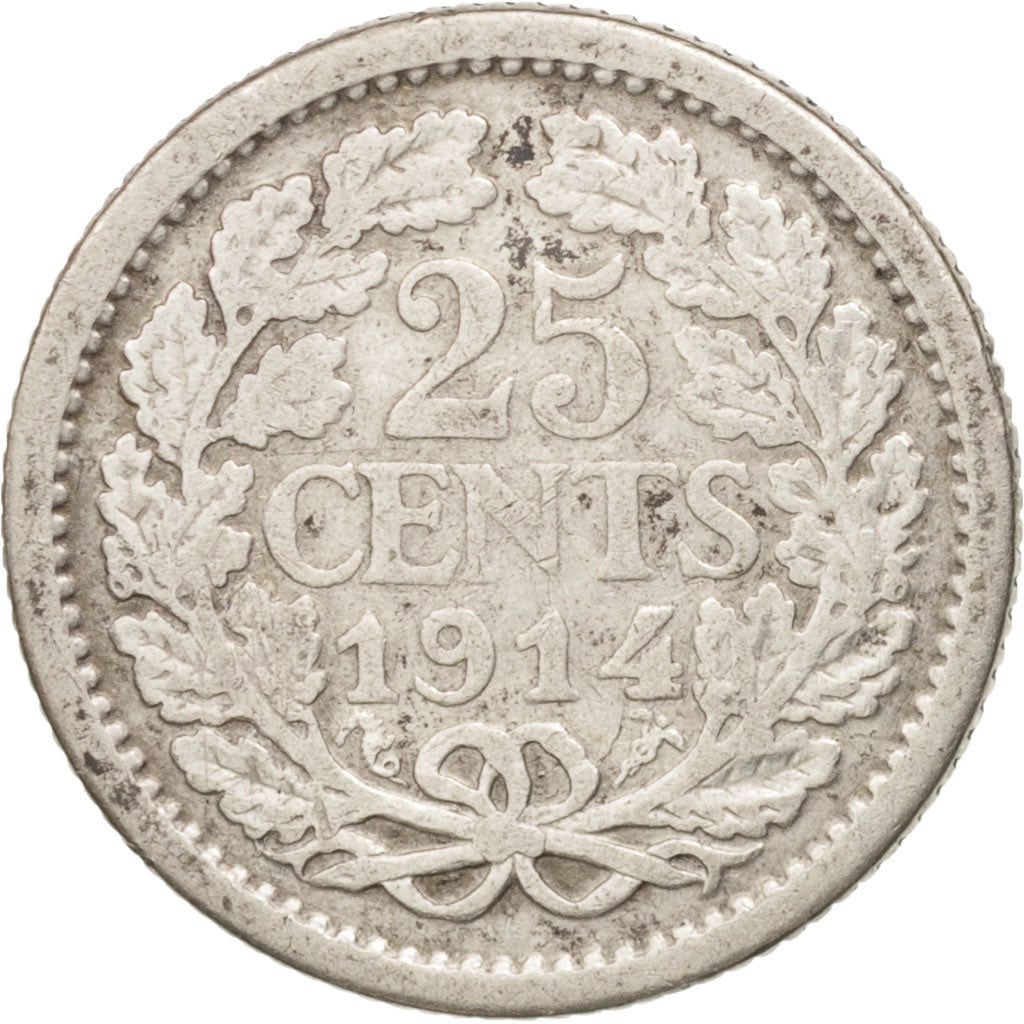 Coin, Netherlands, Wilhelmina I, 25 Cents, 1914, VF(30-35), Silver, KM:146