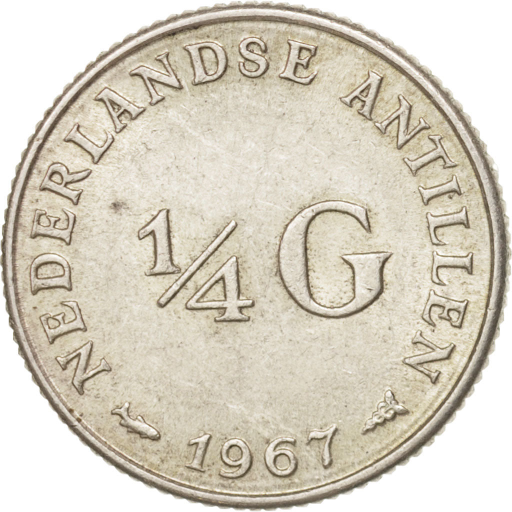 Munten, Nederlandse Antillen, Juliana, 1/4 Gulden, 1967, PR+, Zilver, KM:4