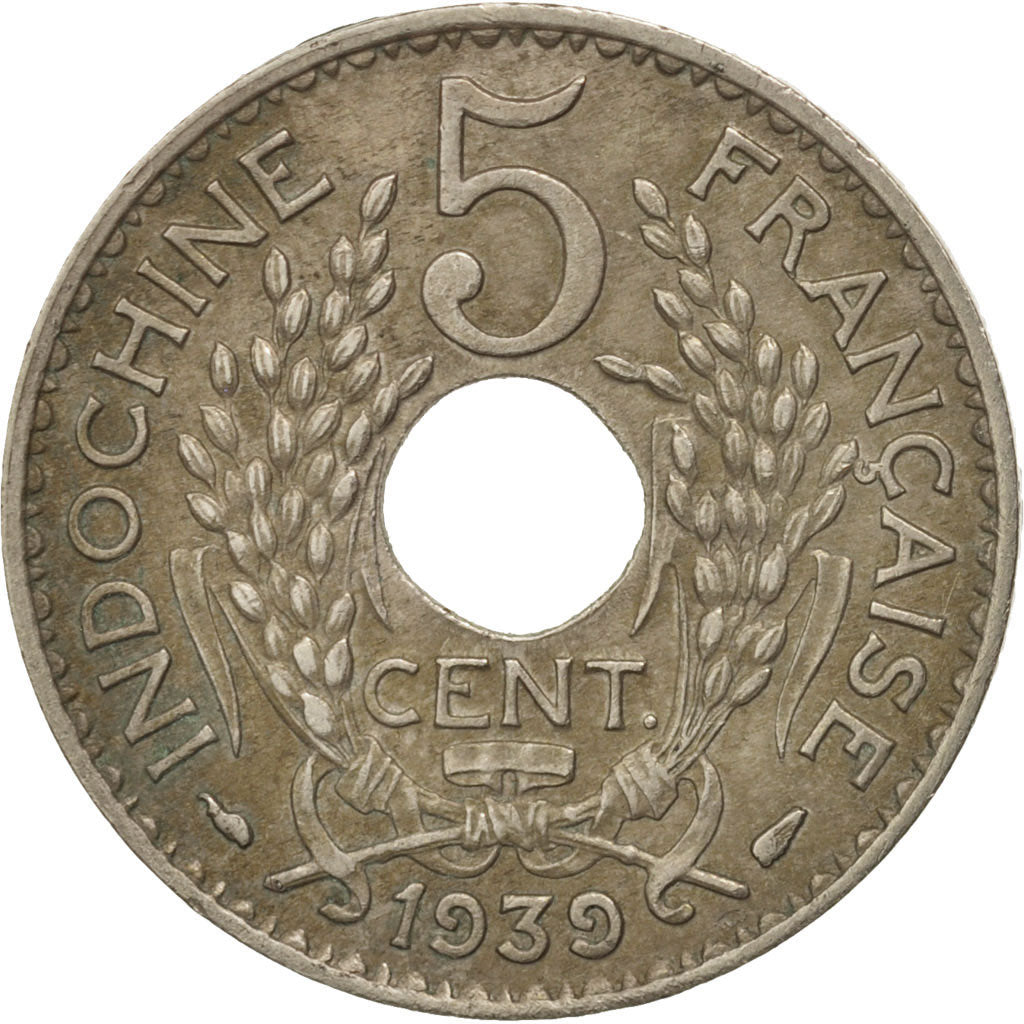 FRENCH INDO-CHINA, 5 Cents, 1939, Paris, AU(50-53), Nickel-brass, KM:18.1a