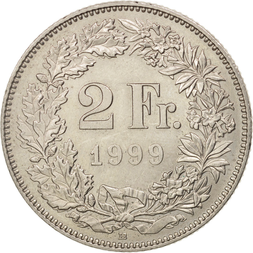 Coin, Switzerland, 2 Francs, 1999, Bern, MS(60-62), Copper-nickel, KM:21a.3