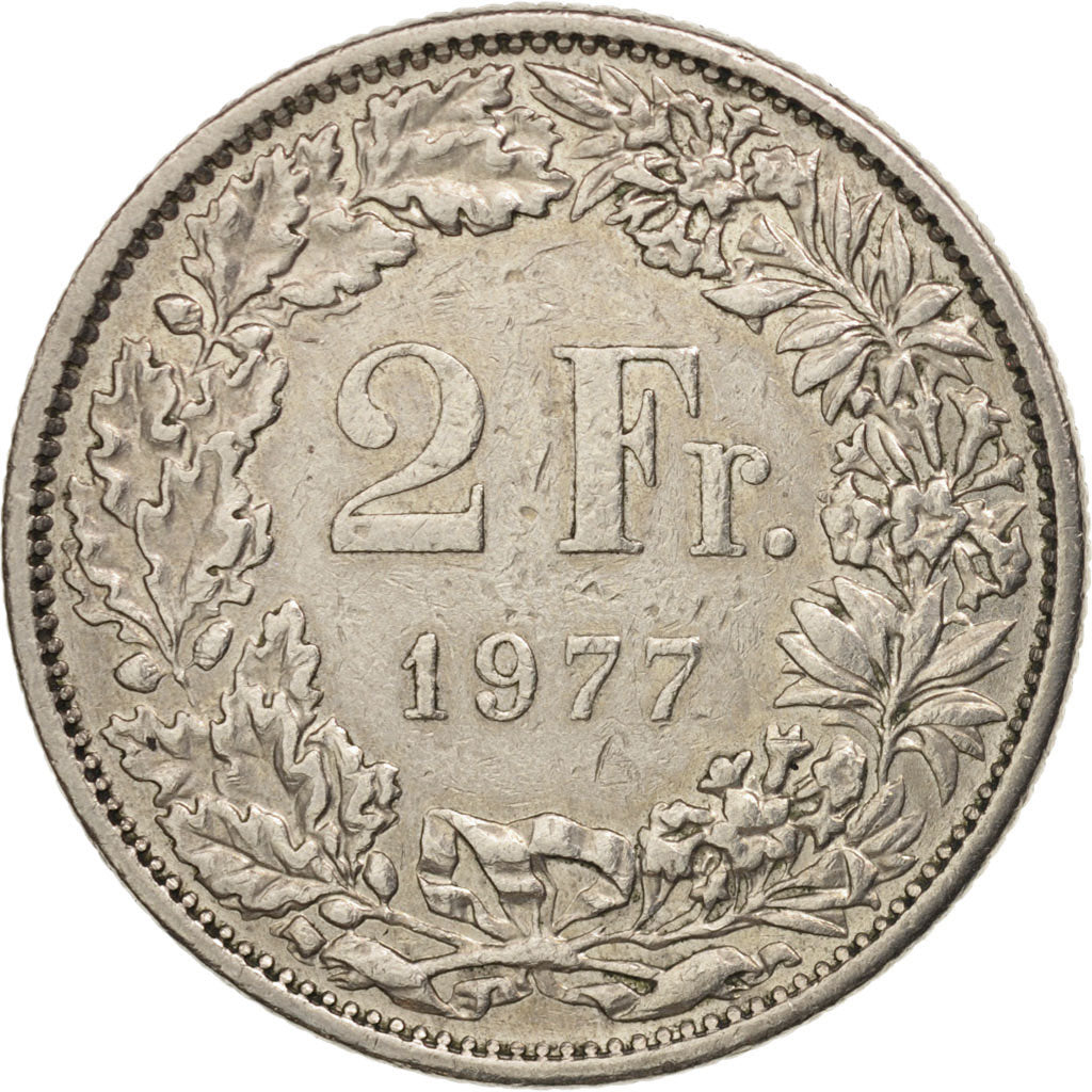 Switzerland, 2 Francs, 1977, Bern, VF(30-35), Copper-nickel, KM:21a.1
