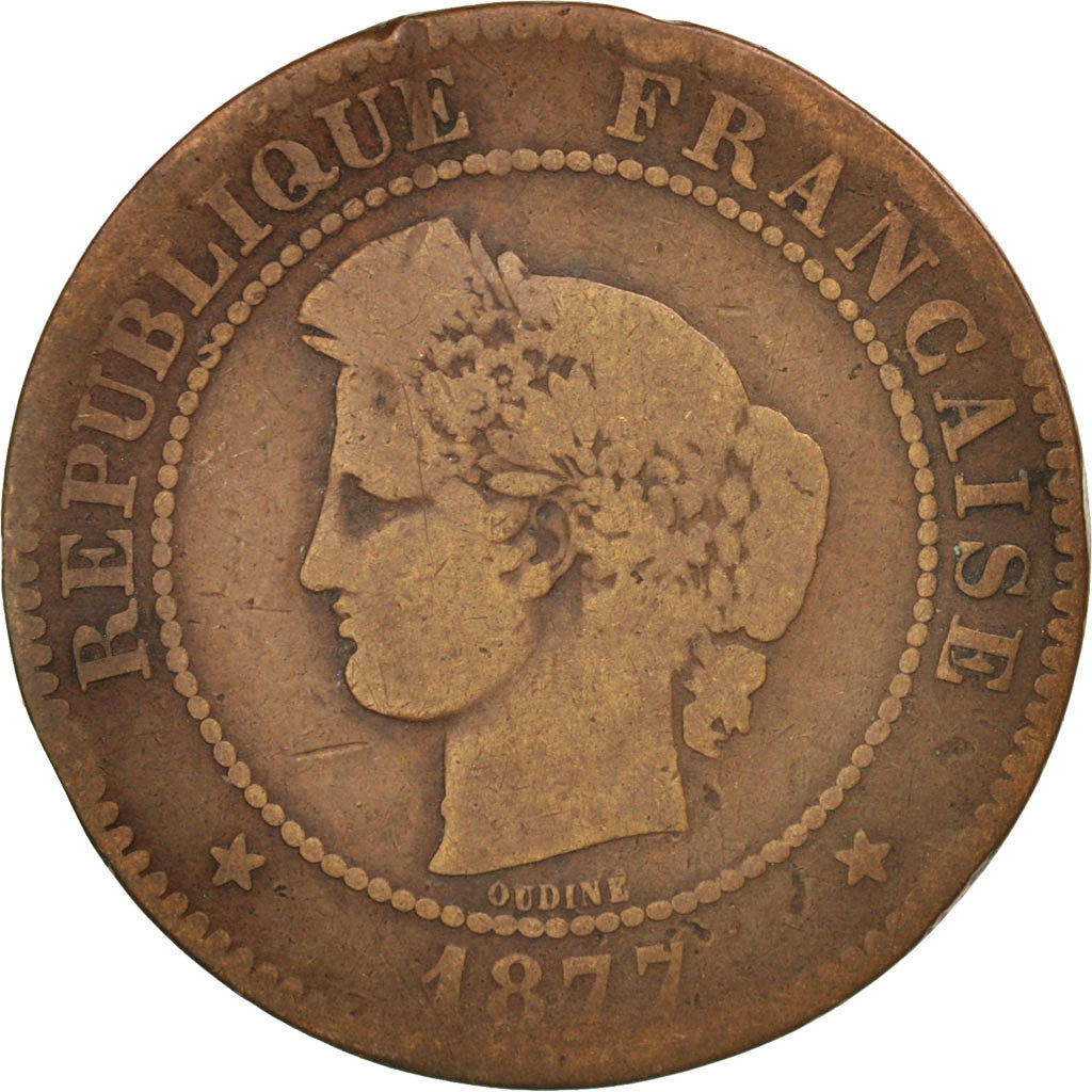 Francia, Cérès, 5 Centimes, 1877, Paris, B+, Bronzo, KM:821.1, Gadoury:157a