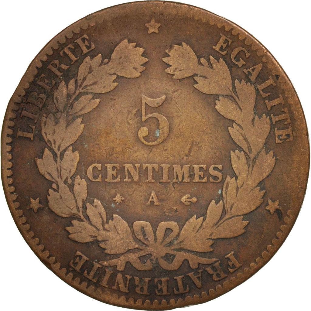 Francia, Cérès, 5 Centimes, 1877, Paris, B+, Bronzo, KM:821.1, Gadoury:157a