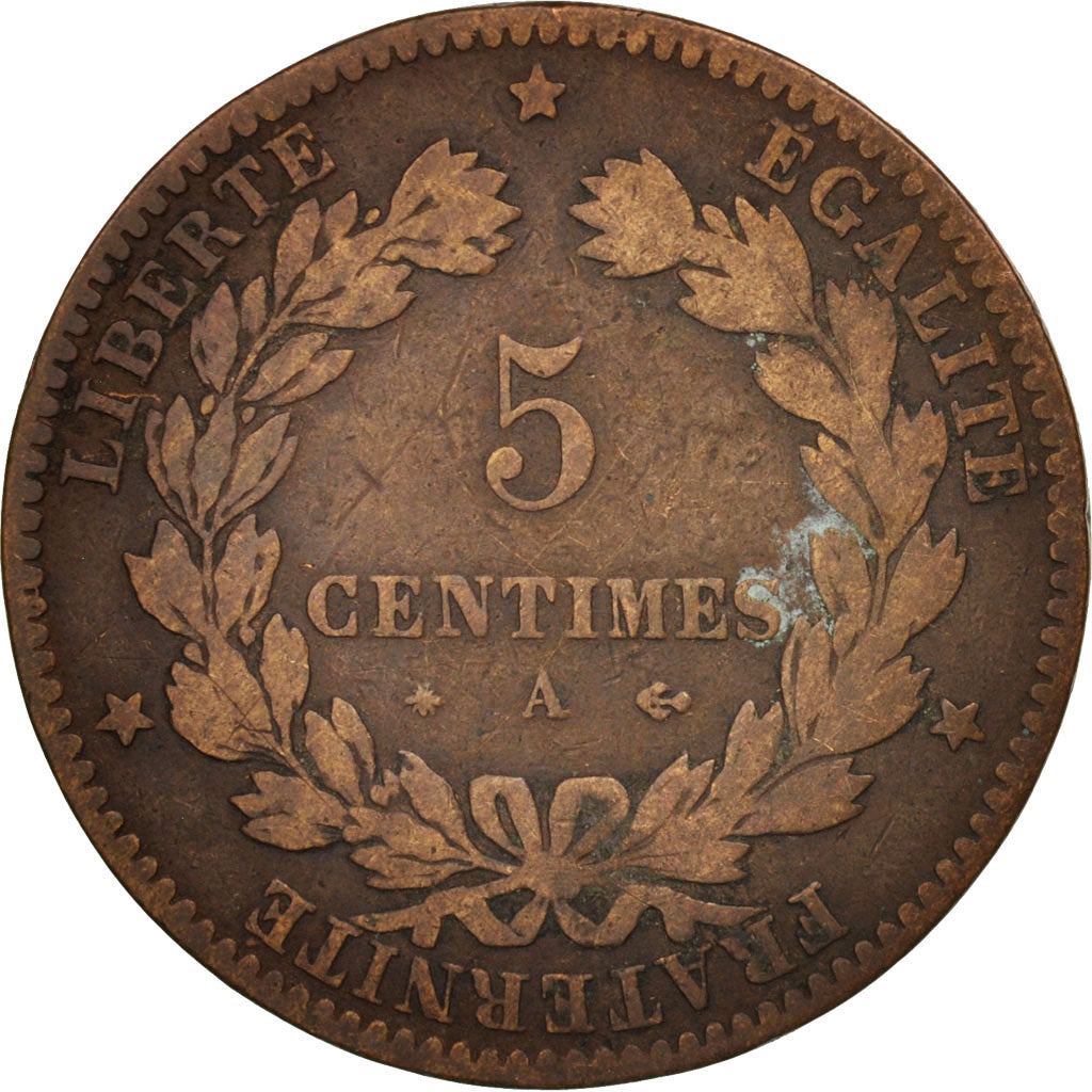 Francia, Cérès, 5 Centimes, 1879, Paris, B+, Bronzo, KM:821.1, Gadoury:157a