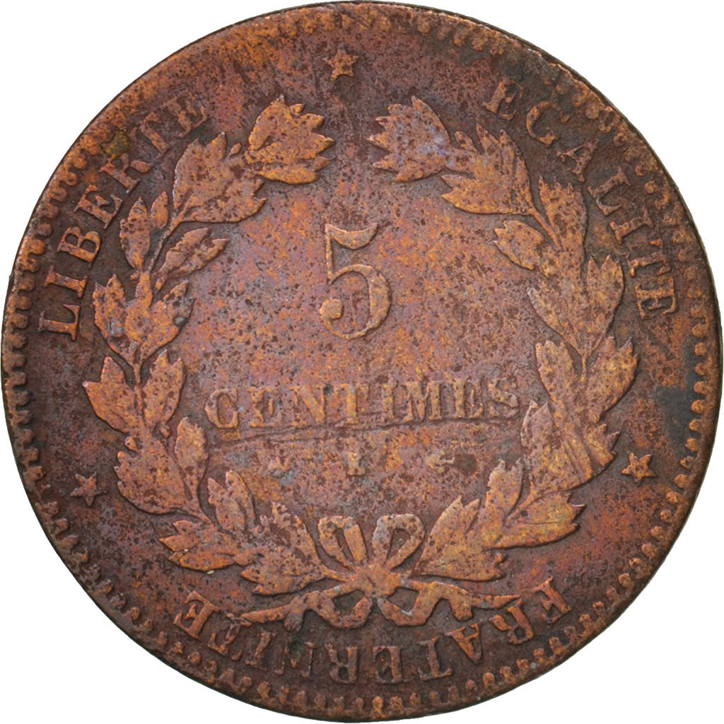 France, Cérès, 5 Centimes, 1877, Bordeaux, G(4-6), Bronze, KM:821.2