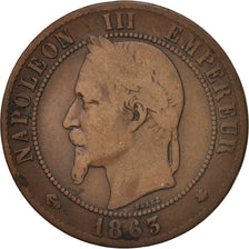 France, 10 Centimes, 1863, Paris, B+, Bronze, KM:798.1, Gadoury:253