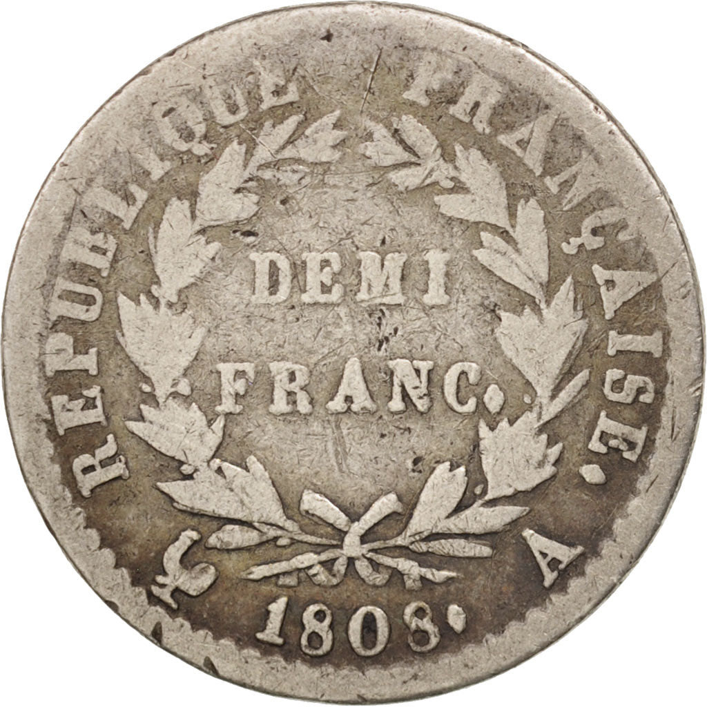 France, Napoleon I, Napoléon I, 1/2 Franc, 1808, Paris, VF(20-25), Silver
