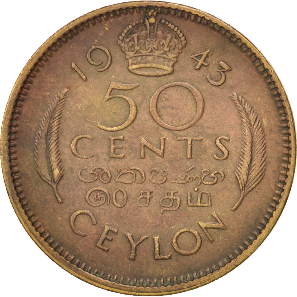 Ceylon, George VI, 50 Cents, 1943, EF(40-45), Nickel-brass, KM:116