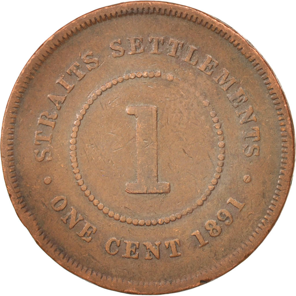 Coin, Straits Settlements, Victoria, Cent, 1891, Heaton, VF(20-25), Bronze