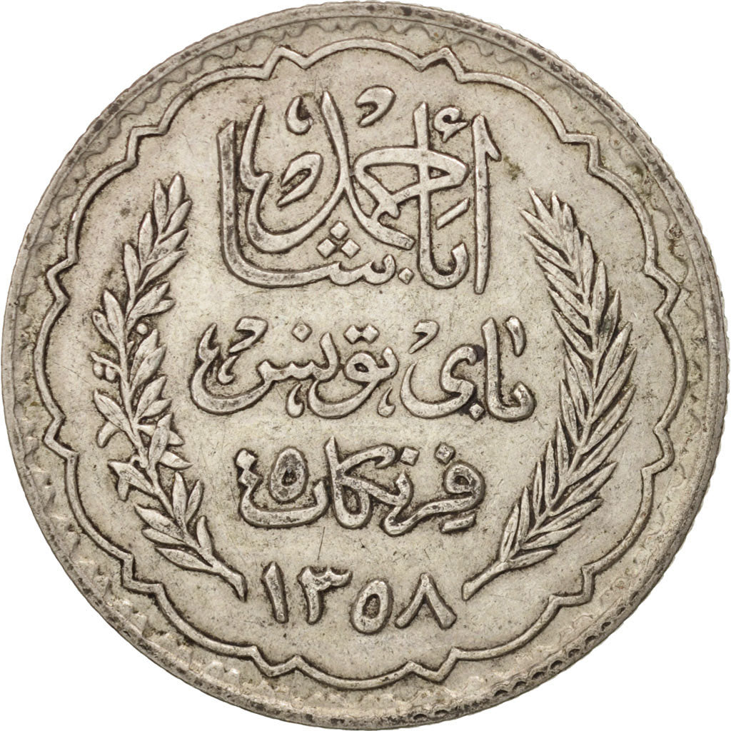 Tunisia, Ahmad Pasha Bey, 5 Francs, 1939, Paris, EF(40-45), Silver, KM:264
