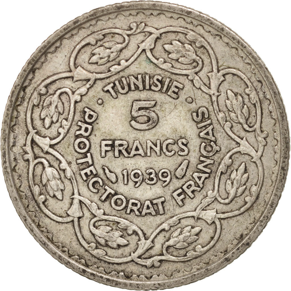 Tunisia, Ahmad Pasha Bey, 5 Francs, 1939, Paris, EF(40-45), Silver, KM:264