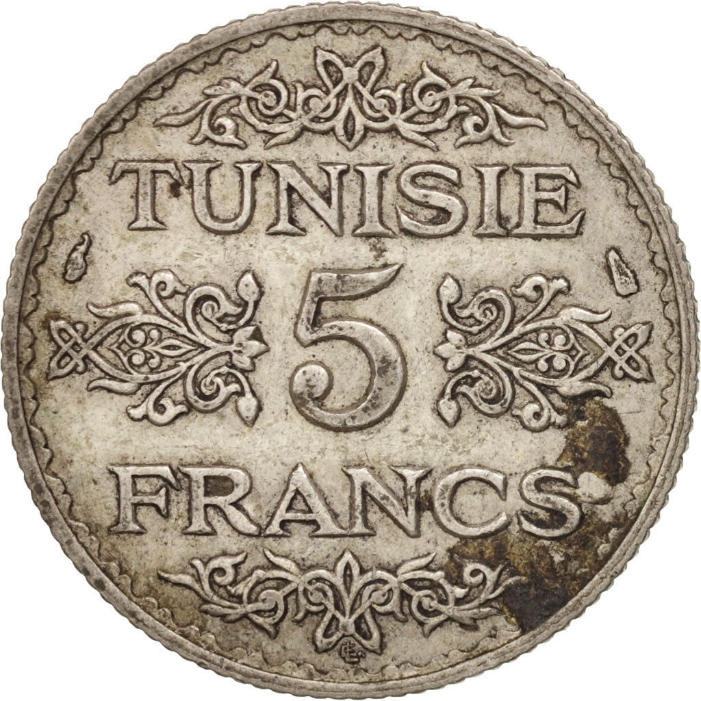 Tunesien, Ahmad Pasha Bey, 5 Francs, 1936, Paris, VF(30-35), Silver, KM:261