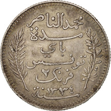 Tunisia, Muhammad al-Nasir Bey, 2 Francs, 1915, Paris, AU(50-53), Silver, KM:239