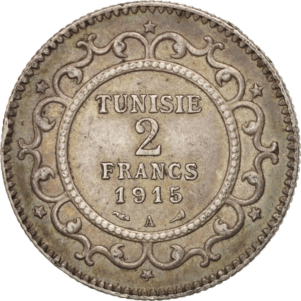 Tunisia, Muhammad al-Nasir Bey, 2 Francs, 1915, Paris, AU(50-53), Silver, KM:239
