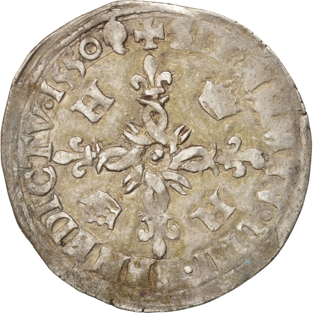 France, Henri II, Douzain aux croissants, 1550, Angers, VF(30-35), Billon